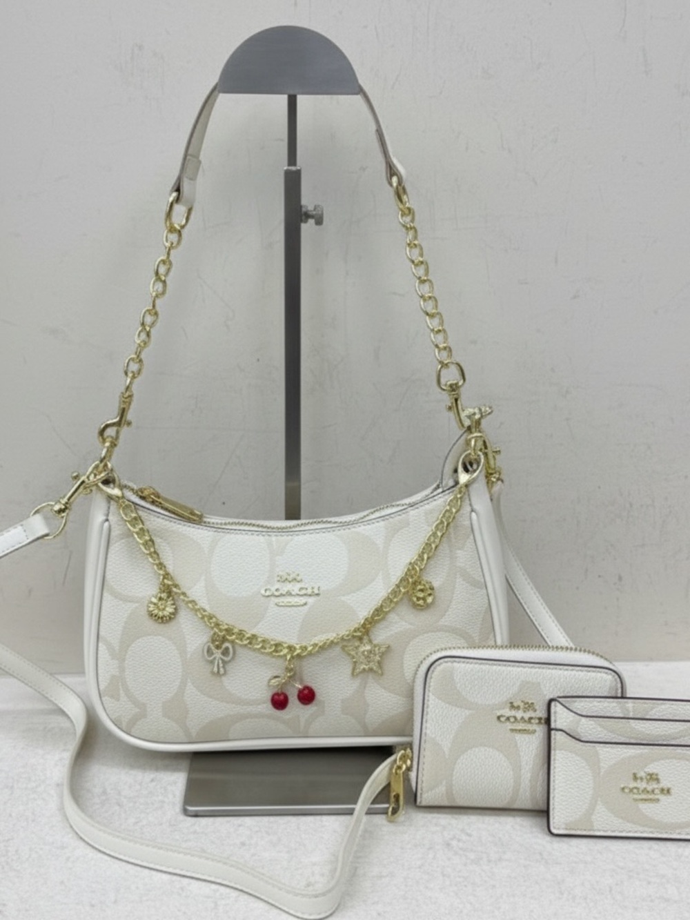 Coach Cream & White Signature Canvas Shoulder Bag with Gold Charm Chain